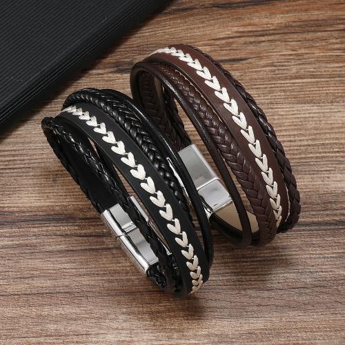 PU Leather Cord Bracelets Zinc Alloy with PU Leather & Wax Cord plated multilayer & for man nickel lead & cadmium free Length 21.5 cm Sold By PC