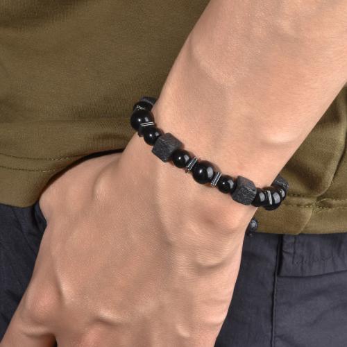 Bracelets de pierres précieuses, lave volcanique, avec Obsidienne, Réglable & pour homme, noire, Vendu par PC