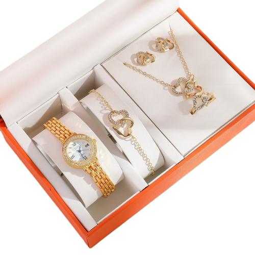 lega in zinco set di gioielli fashion, Orecchino a bottone & orologio & anello dito & Bracciale & Collana, with vetro & 304 acciaio inox, Cuore, placcato, 5 pezzi & per la donna & con strass & cavo, nessuno, watch length 18-24cm, bracelet length 16-18cm, necklace length 40-45cm, Misura:7, Venduto da set