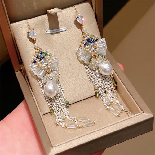 Fashion Fringe Earrings Zinc Alloy with Plastic Pearl fashion jewelry & for woman & with rhinestone 98mm Sold By Pair