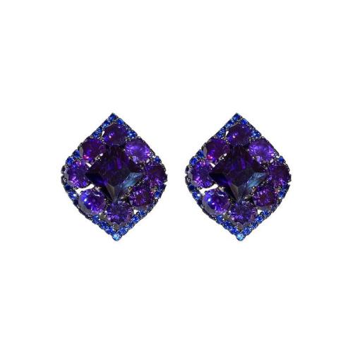 Zinc Alloy Stud Earring Rhombus fashion jewelry & for woman & with rhinestone purple Sold By Pair