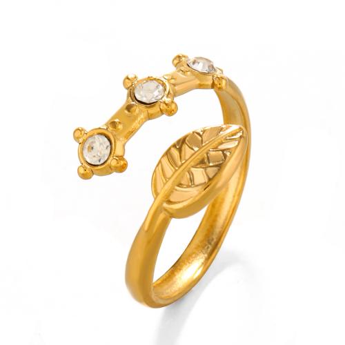 Anillo de dedo acero inoxidable del Rhinestone, acero inoxidable 304, Hoja, 18K chapado en oro, Joyería & para mujer & con diamantes de imitación, dorado, Vendido por UD