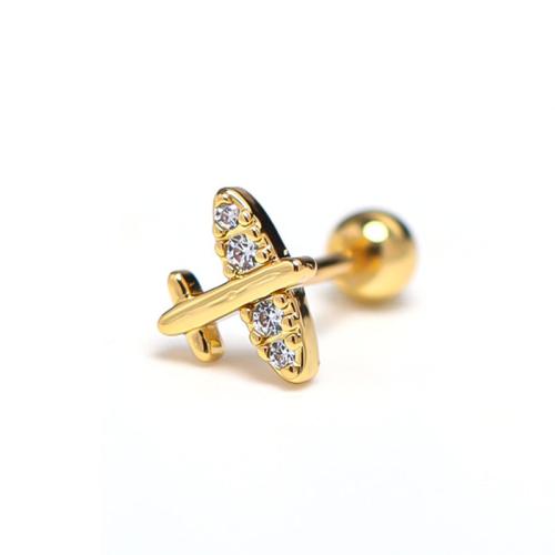 Stainless Steel Stud Øreringe, 304 rustfrit stål, Airplane, mode smykker & Unisex & med rhinestone, gylden, 9x13mm, Solgt af PC