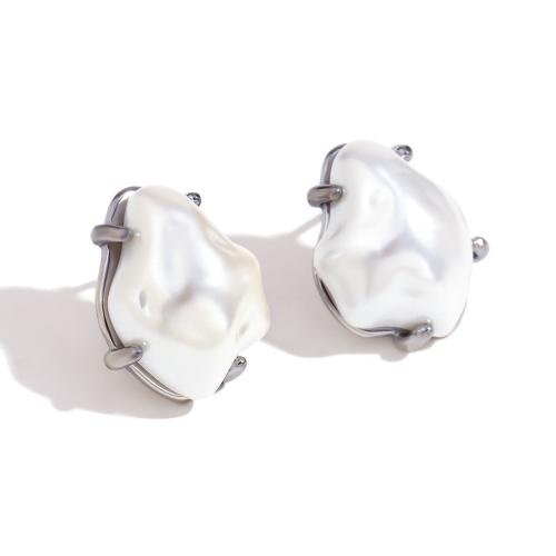 Roestvrij staal Stud Earrings, 304 roestvrij staal, met Plastic Pearl, plated, mode sieraden, meer kleuren voor de keuze, 16x20.60mm, Verkocht door pair