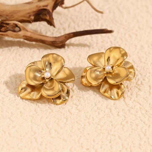 Roestvrij staal Stud Earrings, 304 roestvrij staal, met Plastic Pearl, Bloem, gold plated, mode sieraden, gouden, 23x23.50mm, Verkocht door pair