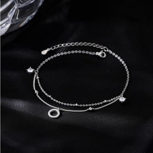 Fashion Sterling Sølv Anklet, 925 Sterling Sølv, med 4cm extender kæde, Micro Pave cubic zirconia & for kvinde, platin farve, Længde Ca. 20 cm, Solgt af PC