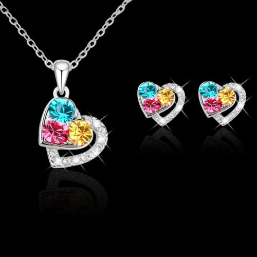 Zinc Alloy Jewelry Sets Stud Earring & necklace Heart plated & for woman & with rhinestone nickel lead & cadmium free Length 45 cm Sold By PC