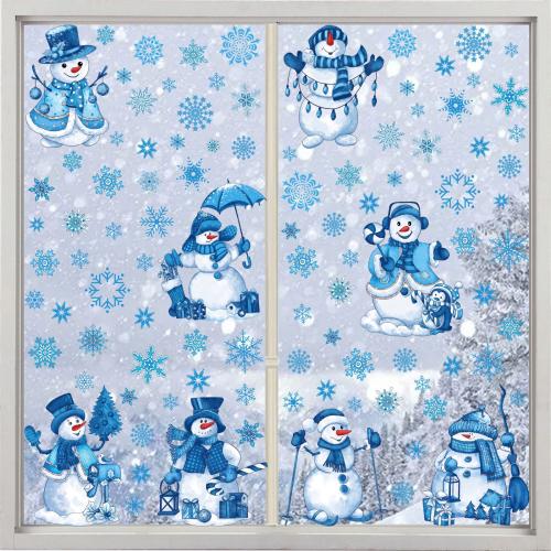 plástico PVC Pegatina de pared de Navidad, con Papel, Hombre de Nieve, Impresión, impermeable & cara doble, azul, 200x300mm, Vendido por Set