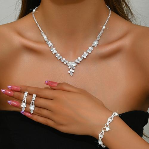 Brass Jewelry Set bracelet & earring & necklace platinum color plated three pieces & for woman & with rhinestone Sold By Set