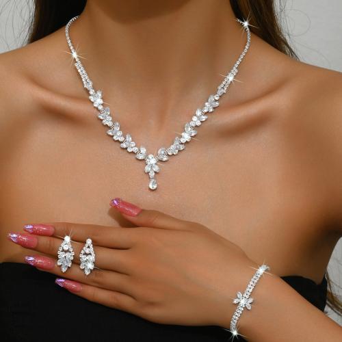 Brass Jewelry Set bracelet & earring & necklace plated three pieces & for woman & with rhinestone silver color Sold By Set