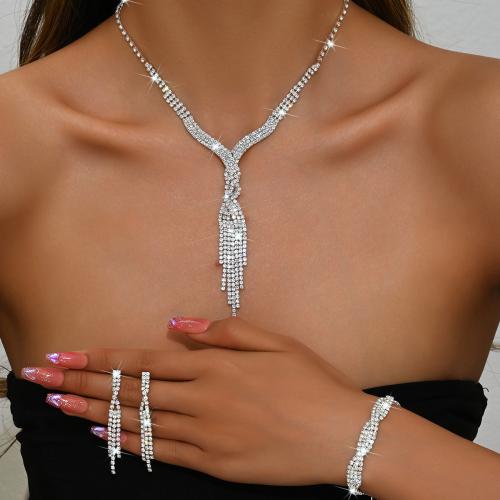 Brass Jewelry Set bracelet & earring & necklace plated three pieces & for woman & with rhinestone silver color Sold By Set