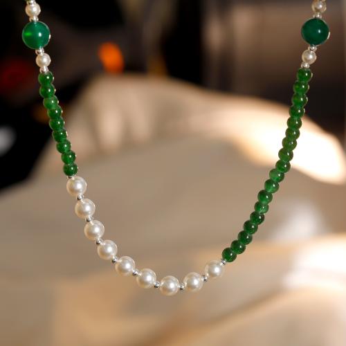 Brass Necklace with Glass Beads & Agate with 5.5cm extender chain fashion jewelry & for woman green Length Approx 39 cm Sold By PC