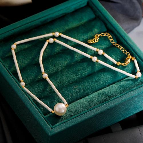 Brass Necklace with Natural Stone & Plastic Pearl with 5.5cm extender chain 18K gold plated fashion jewelry & for woman white Length Approx 37 cm Sold By PC