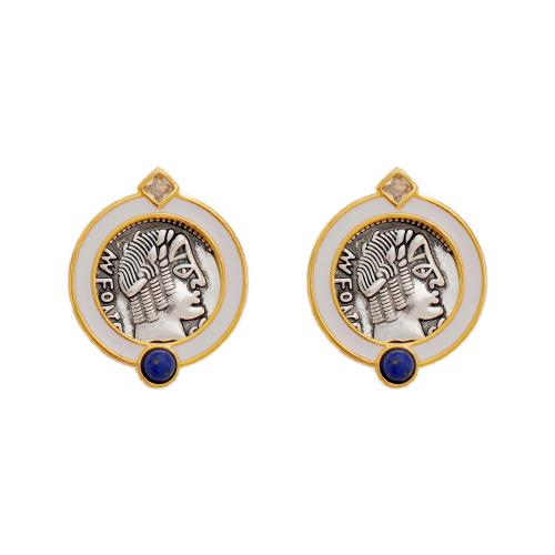 Boucles d'oreilles en laiton zircon cubique pavent, avec Lapis lazuli, Plaqué or 18K, bijoux de mode & pavé de micro zircon & pour femme, 28x23mm, Vendu par paire