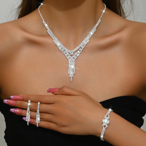 Brass Jewelry Set bracelet & earring & necklace plated three pieces & for woman & with rhinestone silver color Sold By Set