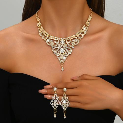 Zinc Alloy Jewelry Set earring & necklace plated 2 pieces & for woman & with rhinestone Sold By Set