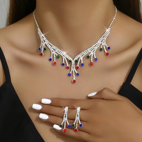 Brass Jewelry Set earring & necklace with Rhinestone plated 2 pieces & for woman Sold By Set