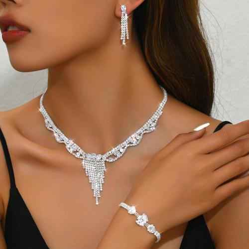 Brass Jewelry Set bracelet & earring & necklace plated three pieces & micro pave cubic zirconia & for woman silver color Sold By Set