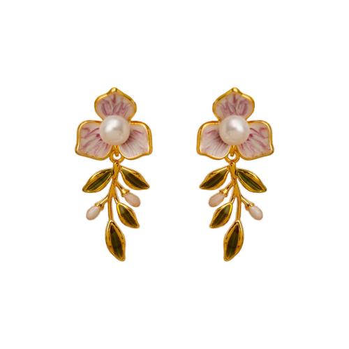 Brass Stud Earring with Plastic Pearl 18K gold plated fashion jewelry & for woman & enamel Sold By Pair