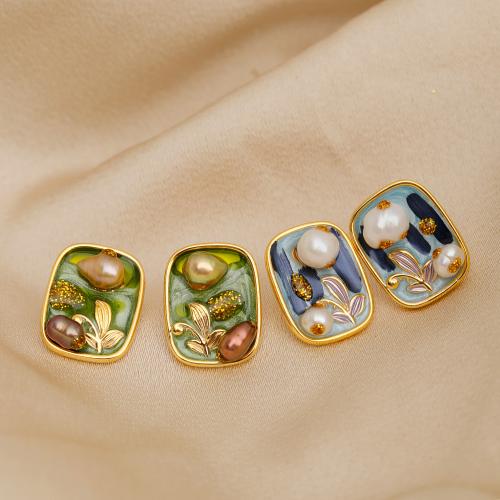 Brass Stud Earring with Freshwater Pearl 18K gold plated fashion jewelry & for woman & enamel Sold By Pair