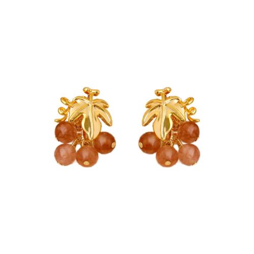 Brass Stud Earring with Natural Stone 18K gold plated fashion jewelry & for woman golden Sold By Pair