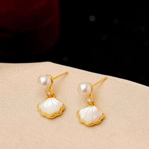 Cubic Zirconia Micro Pave Brass Earring with Plastic Pearl fashion jewelry & micro pave cubic zirconia & for woman golden Sold By Pair