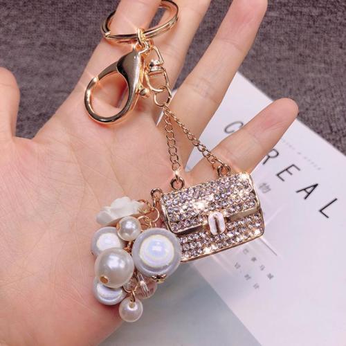 Bag Purse Charms Keyrings Keychains Zinc Alloy with Plastic Pearl multifunctional & with rhinestone 118mm Sold By PC