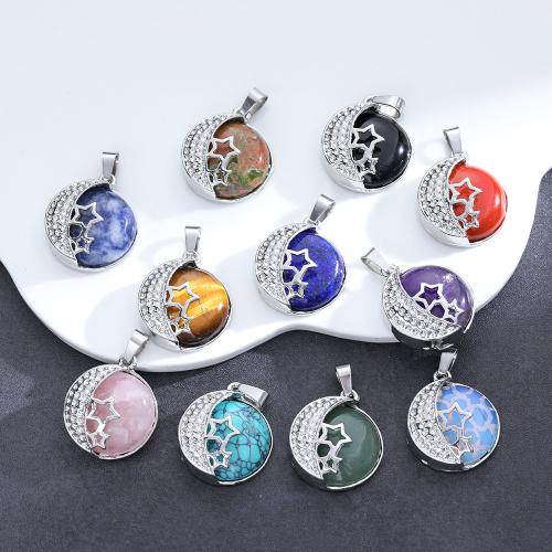 Gemstone Pendants Jewelry Natural Stone with Zinc Alloy Moon and Star silver color plated DIY Sold By PC