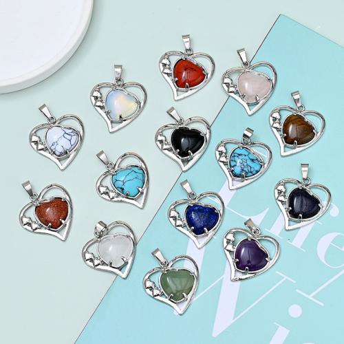 Gemstone Pendants Jewelry Natural Stone with Zinc Alloy Heart silver color plated DIY Sold By PC