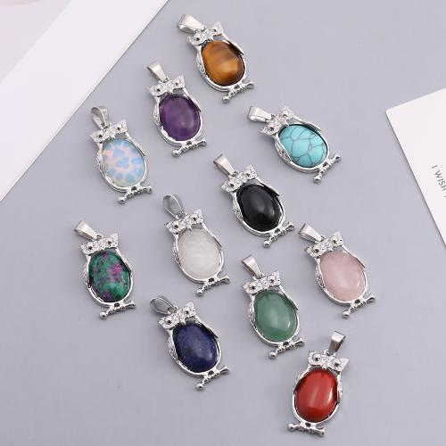 Gemstone Pendants Jewelry Natural Stone with Zinc Alloy Owl silver color plated DIY Sold By PC