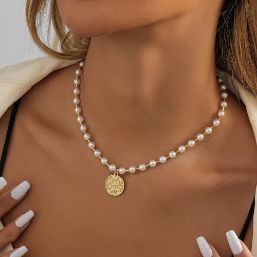 Zinc Alloy Jewelry Necklace with Plastic Pearl & Brass with 5cm extender chain gold color plated fashion jewelry golden nickel lead & cadmium free Length 37 cm Sold By PC