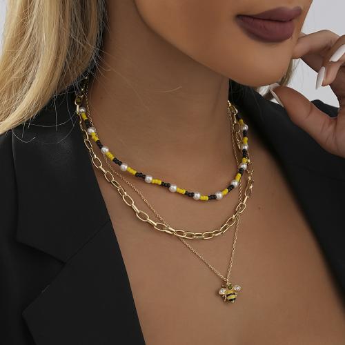 Plastic Pearl Necklace Zinc Alloy with Seedbead & Plastic Pearl with 7cm extender chain gold color plated fashion jewelry & enamel & with rhinestone golden nickel lead & cadmium free Length 36 cm Sold By PC