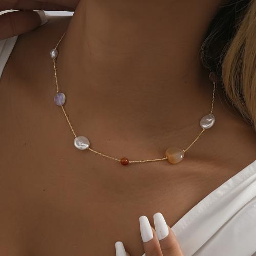 Natural Gemstone Necklace Brass with Natural Stone & Plastic Pearl with 7cm extender chain Fish gold color plated fashion jewelry & enamel golden nickel lead & cadmium free Length 37 cm Sold By PC