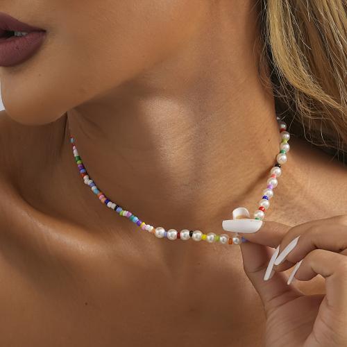 Plastic Pearl Necklace Seedbead with Plastic Pearl & Iron with 7cm extender chain fashion jewelry multi-colored nickel lead & cadmium free Length 37 cm Sold By PC