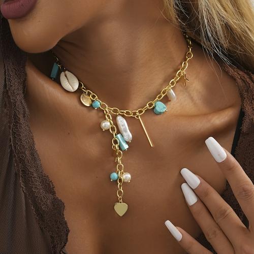 Kunststof parel ketting, Ijzer, met Seedbead & Schelp & Plastic Pearl, met 7cm extender keten, gold plated, mode sieraden, gouden, Lengte 37 cm, Verkocht door PC