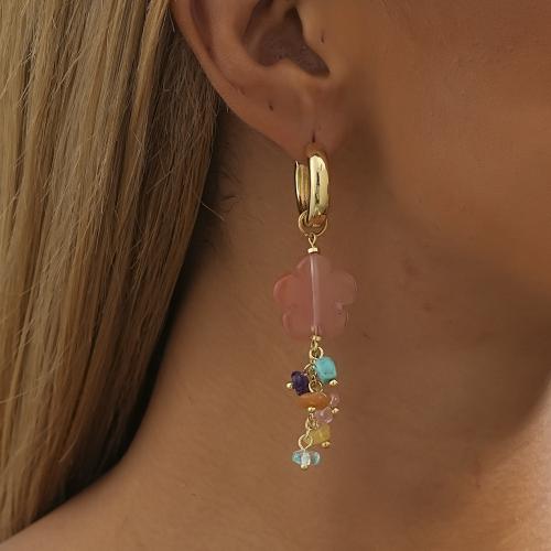 Brass Drop Earring with Natural Stone gold color plated fashion jewelry golden nickel lead & cadmium free Sold By Pair