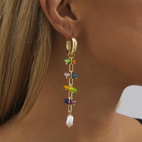 Brass Drop Earring with Natural Stone & Plastic Pearl gold color plated fashion jewelry golden nickel lead & cadmium free Sold By Pair