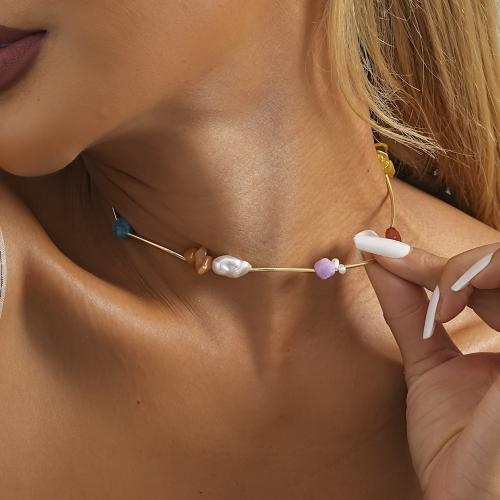 Natural Gemstone Necklace Iron with Natural Stone & Plastic Pearl with 7cm extender chain gold color plated fashion jewelry mixed colors Length 33 cm Sold By PC