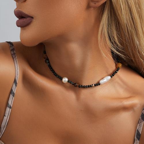 Collar de piedras preciosas joyas, Piedra natural, con Perlas plásticas, con 7cm extender cadena, chapado en color dorado, Joyería, Negro, longitud 37 cm, Vendido por UD