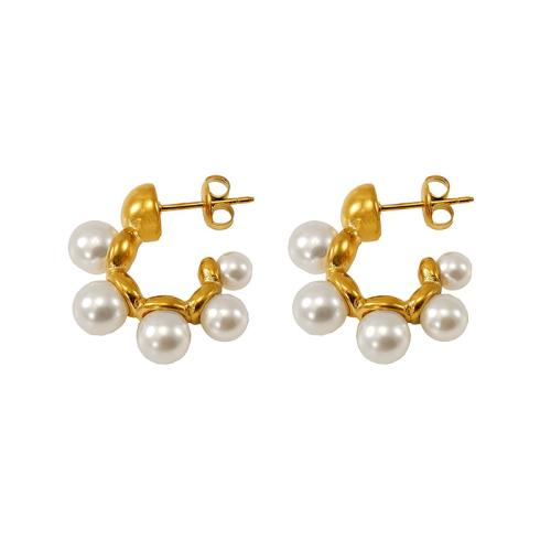 Roestvrij staal Stud Earrings, 304 roestvrij staal, met Plastic Pearl, 18K verguld, mode sieraden & voor vrouw, Verkocht door pair