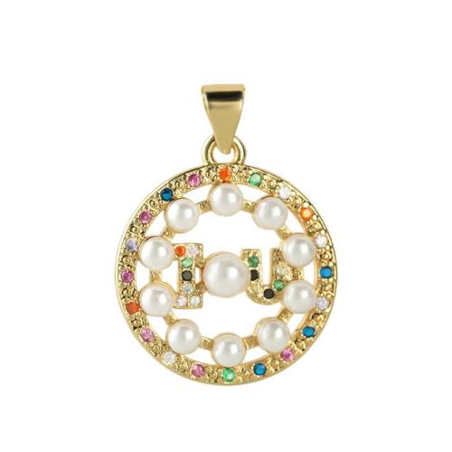 Cubic Zirconia Micro Pave Brass Pendant with Plastic Pearl plated DIY & micro pave cubic zirconia golden Sold By PC