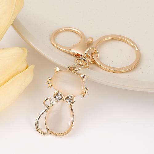 Zinc Alloy Key Clasp with Cats Eye portable & enamel & with rhinestone golden Sold By PC