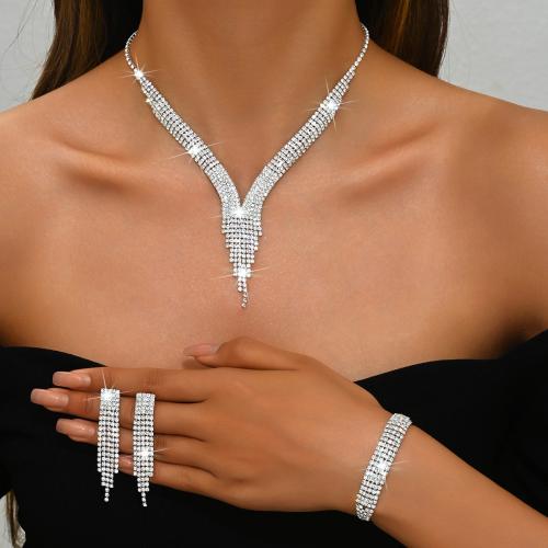 Brass Jewelry Set bracelet & earring & necklace with Rhinestone plated three pieces & for woman silver color Sold By Set