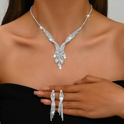 Brass Jewelry Set earring & necklace with Rhinestone plated 2 pieces & for woman silver color Sold By Set