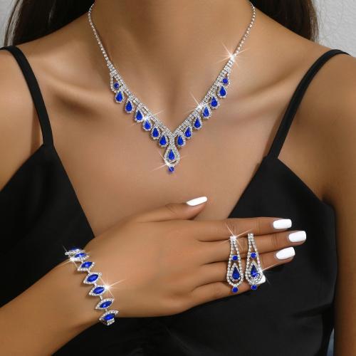 Brass Jewelry Set bracelet & earring & necklace with Rhinestone Teardrop plated three pieces & for woman Sold By Set