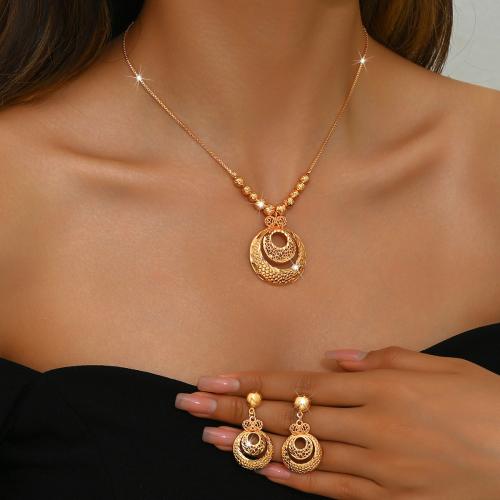 Brass Jewelry Set earring & necklace Geometrical Pattern gold color plated 2 pieces & for woman & hollow Sold By Set