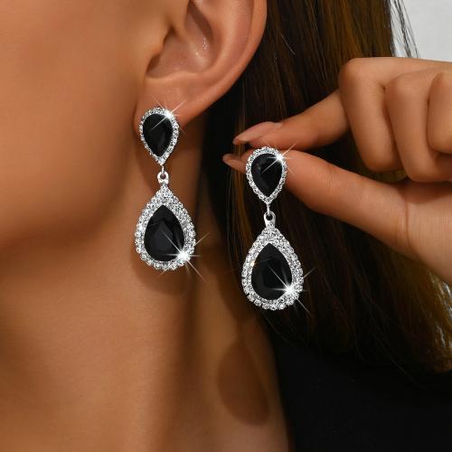 Brass Drop Earring with Crystal Teardrop silver color plated for woman & with rhinestone Sold By Pair