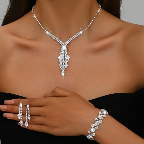 Brass Jewelry Set Geometrical Pattern plated & for woman & with rhinestone silver color Sold By Set