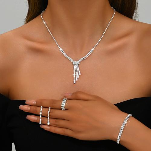 Brass Jewelry Set finger ring & bracelet & earring & necklace with Rhinestone plated 4 pieces & for woman silver color Sold By Set