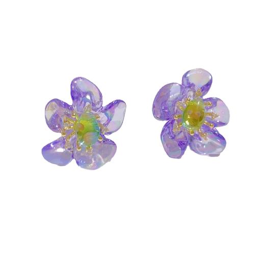 Boucle d'oreille bijoux acrylique, fleur, bijoux de mode & pavé de micro zircon & pour femme, violet, 32x23mm, Vendu par paire